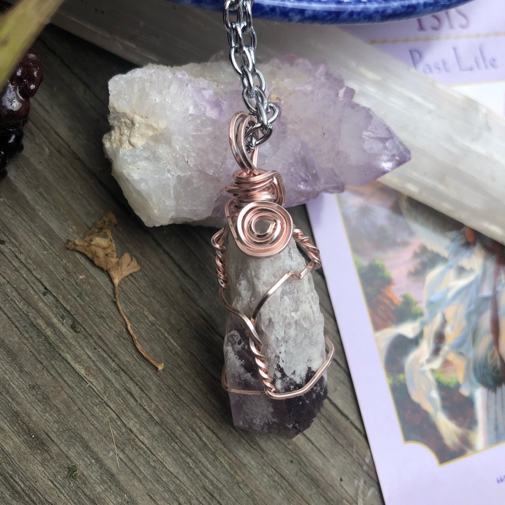 Wire Wrapped Amethyst Elestial Point Crystal Necklace